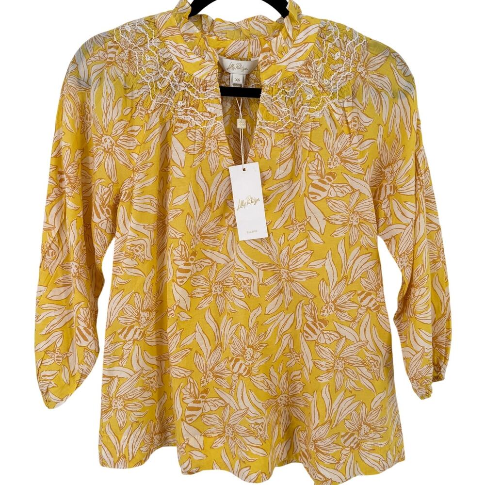 Lilly Pulitzer Lourdes Hideaway Honeycomb Bee Shirt Sz XS Smocked Embroidered